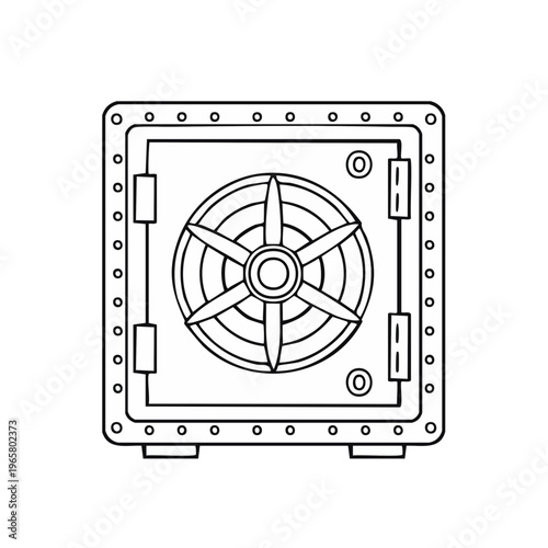 Vintage Safe Vault Illustration with Starburst Dial and Hinges Line Art