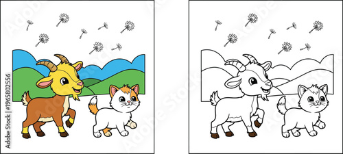 Happy cartoon goat and cute cat walking together in a green field with flying dandelion seeds vector illustration