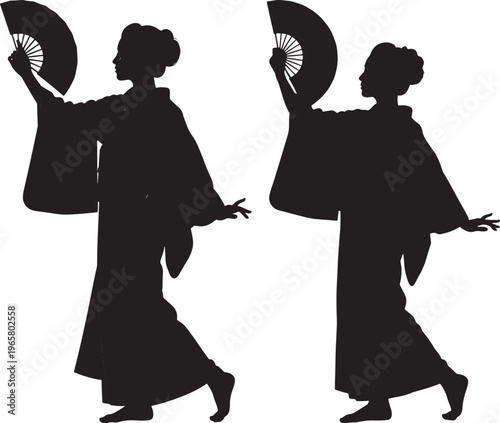 Traditional Japanese woman silhouette, person in kimono with hand fan, cultural art icon, White Background, Traditional Wear, Asian Fashion