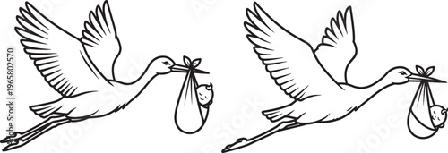 Stork carrying a bundle icon, black and white line art illustration of a newborn baby delivery concept, Baby Shower, White Background, Stork Bird, Birth Announcement, Nursery Decor, Baby Care