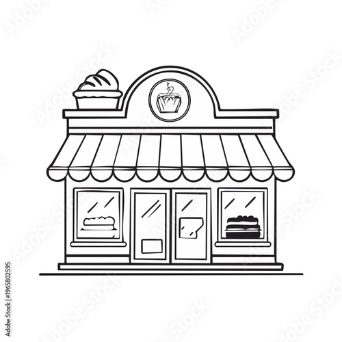 Hand-drawn illustration of a charming bakery storefront with a pastry display and awning