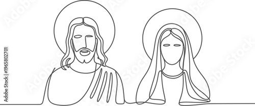 Jesus Christ and Virgin Mary linear vector illustration with halo isolated on transparent background religious spiritual icon design