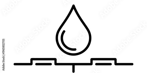 A simple black and white line art icon depicting a single water drop falling onto a flat surface Vector, illustration