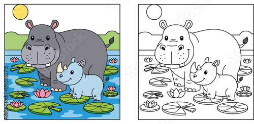 Cute cartoon hippopotamus and baby rhinoceros standing in a blue pond with pink lotus flowers and lily pads under a bright sun vector illustration