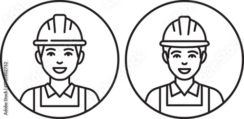 Linear icon set of two smiling male construction workers wearing hard hats and safety gear inside circles, representing engineering, manual labor, building, and industrial professional roles, Hard Hat