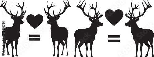 Black silhouette illustration of two male stags with antlers next to a heart and an equal sign, symbolizing same-sex love, gay animal rights, and marriage equality in nature on a white background