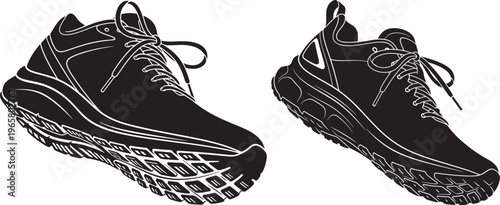 Pair of black athletic running shoe silhouettes with laces and detailed soles, sporty footwear illustration for fitness, jogging, marathon, training and active lifestyle on a white background