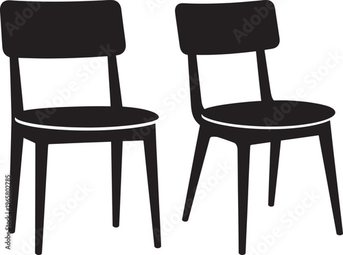 Two modern dining chairs silhouette set isolated on white background, contemporary furniture design element for interior decoration or home catalog