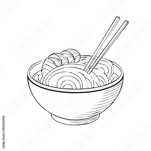 Stylized line art bowl of noodles with chopsticks and topping illustration