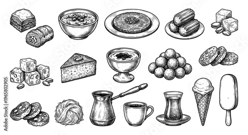 Turkish dessert set baklava delight coffee and tea vintage sketch