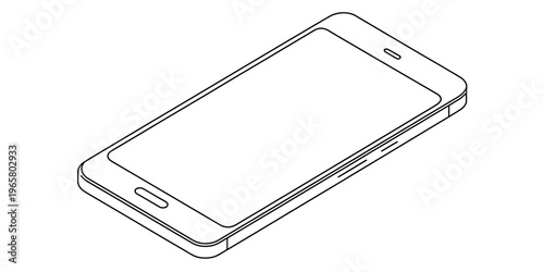 A simple black and white line drawing of a modern smartphone viewed from an isometric perspective Vector, illustration
