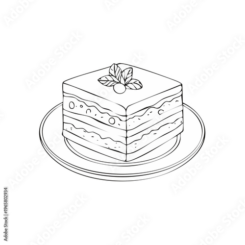 Square layered cake with berry and mint garnish on a plate, line art illustration