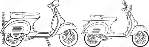 Classic vintage scooter line art icons, retro motorbike transport symbols in vector