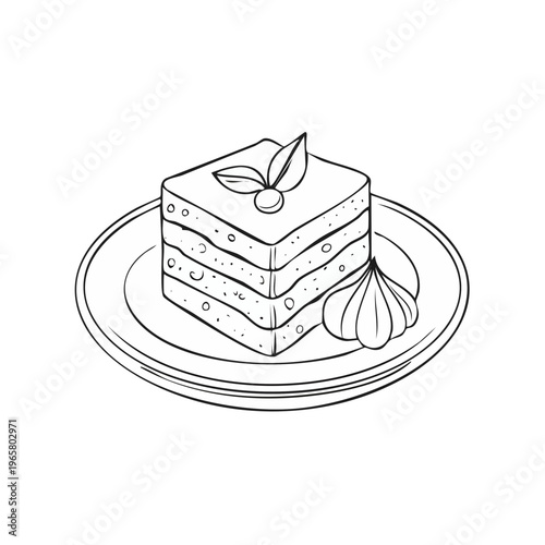 Hand drawn black and white slice of layered cake with meringue on a plate