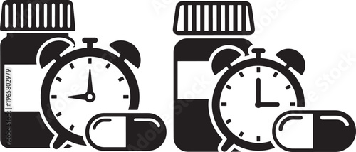 Medication reminder icons with pill bottle and alarm clock, health and pharmacy set