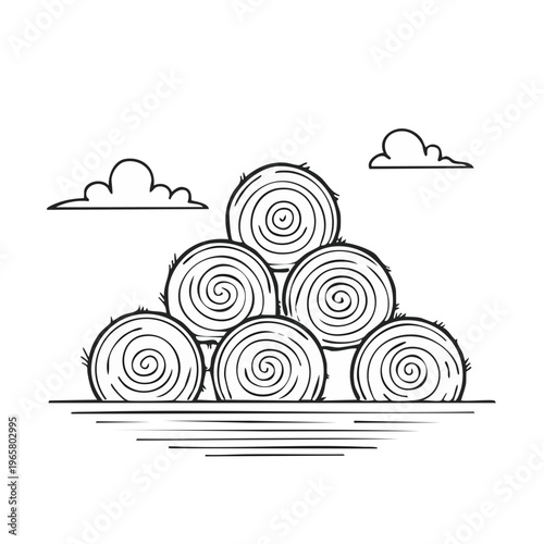 Stack of round hay bales illustration with stylized clouds and field lines