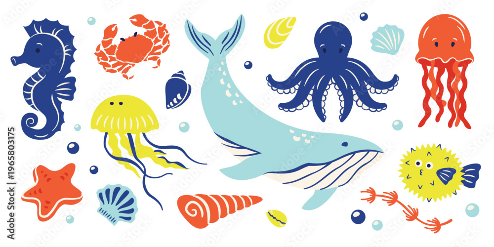 Obraz premium Sea animals hand drawn vector set. Doodle marine life collection with underwater creatures, shells and plants. Ocean elements with crab, octopus, jellyfish, seahorse, starfish. Vector illustration