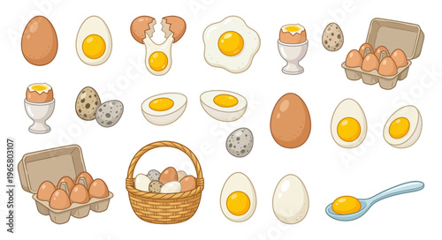 Egg breakfast set fried boiled and quail egg in carton basket
