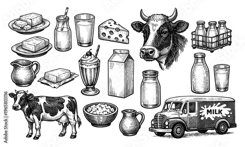 Dairy product set with cow milk truck cheese butter and curd sketch