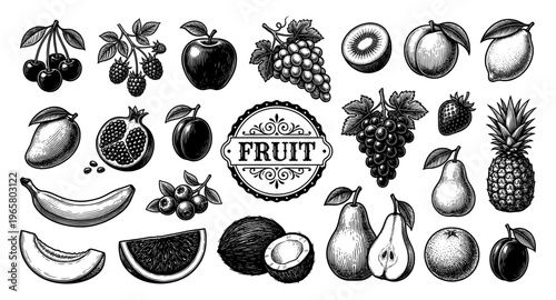 Fruit set apple banana grape pear pineapple berry lemon sketch vintage