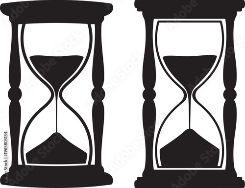 Two Black and White Vector Hourglasses, Sand Timers, Symbolizing Time Passing, Countdowns, and Measurement, Simple and Clear Icons