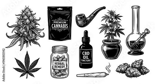 Vintage engraving cannabis collection with CBD oil tincture, pipe, bong and herbal remedy jar