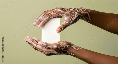Soap bar being held by soapy hands against green background