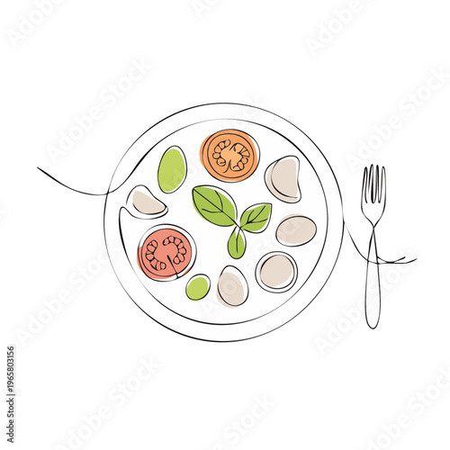 Simple Line Drawing of Caprese Salad with Mozzarella Tomato and Basil