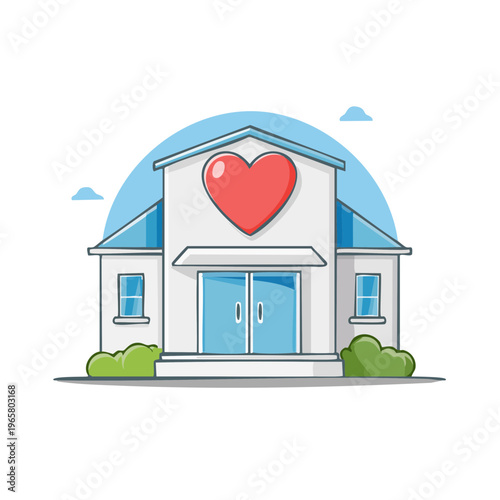 Cartoon building with large red heart emblem and blue doors welcoming visitors
