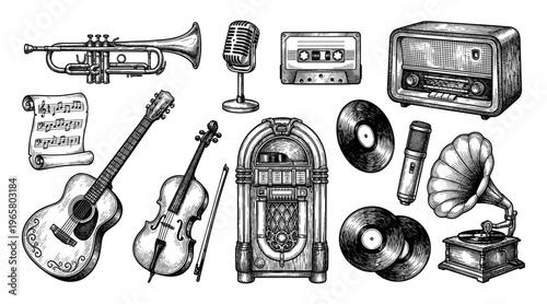 Retro music set gramophone jukebox radio guitar cello and trumpet