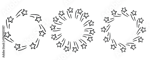 Doodle Outline Stars frames set. Hand drawn Shooting stars wreathes. Minimal geometric stars shapes for logos, posters, branding, packaging, invitations, web graphics, icons. Vector flat illustration