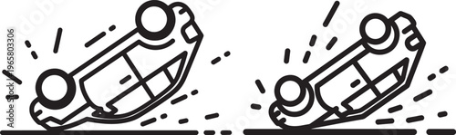 Car Crash Illustration: Two Cars Flipping Over in an Accident with Debris and Motion Lines, Line Art, Traffic Accident, Danger Sign, Skid Marks, Danger Icon, No Insurance, Automobile Accident