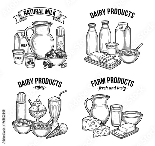 Farm dairy product logo set with milk cheese butter and yogurt sketch