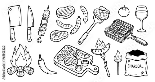 BBQ grill doodle set with meat steak sausage charcoal and campfire