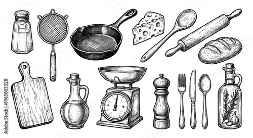 Kitchen tool set with pan scale board rolling pin knife and fork sketch