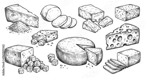 Cheese set with parmesan mozzarella swiss brie and cheddar sketch