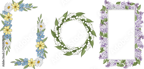 Floral Frame Collection with Bluebell, Daisy, and Lilac Flowers in Elegant Outline Style Vector Illustration Set