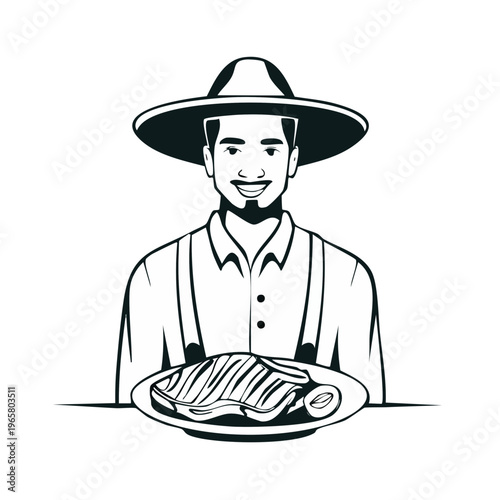 Smiling farmer in sombrero hat serving grilled steak on a plate with garnish