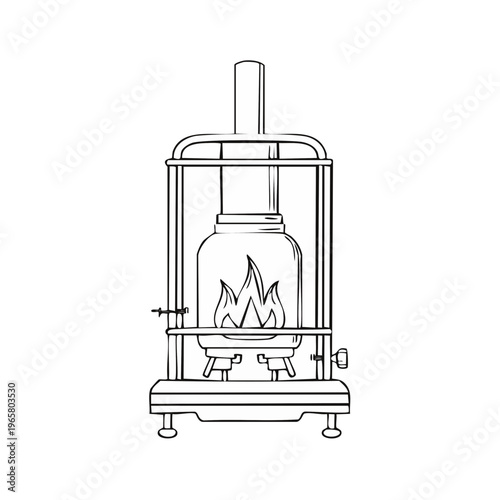 Vintage kerosene heater with glowing flames and chimney illustration