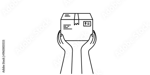 A black and white line art illustration showing a person holding a cardboard delivery package box Vector, illustration