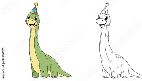 Cute Cartoon Dinosaur Wearing Birthday Party Hat Vector Illustration; Adorable Green Brachiosaurus with Long Neck and Happy Smile Isolated on White Background for Celebration