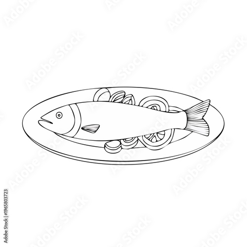 Elegant line art illustration of a whole fish served on a platter with lemon slices