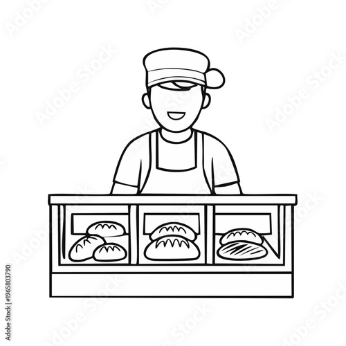 Cartoon baker with loaves of bread in a display case, black and white line art