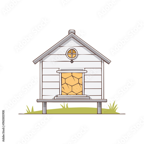 Simple cartoon chicken coop on legs with a hexagonal window and grass below