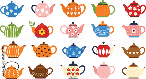 Colorful Teapot Collection with Floral Patterns and Designs in Various Styles Vector Illustration Set