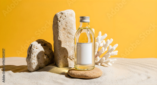 A glass bottle with a white label on a cork next to rocks and coral on sand with a yellow background