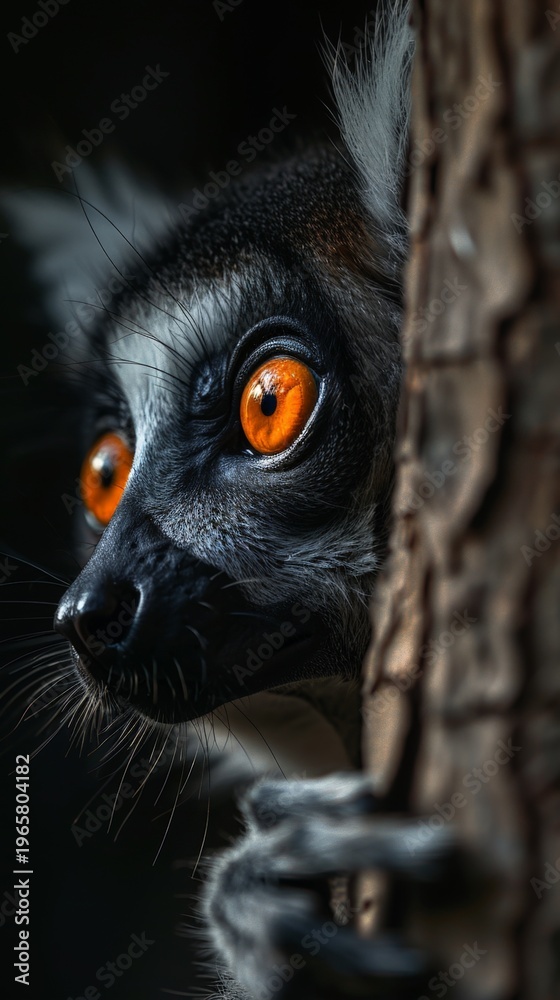 Fototapeta premium Crisp close-up of a ring-tailed lemur peeking from behind a tree trunk. Its large, amber eyes glow with quiet intensity. Soft fur contrasts with deep, shadowy background