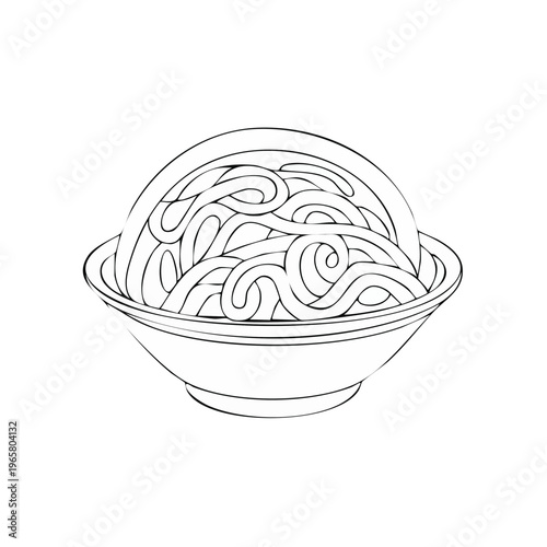Stylized black and white illustration of a bowl filled with swirling noodles
