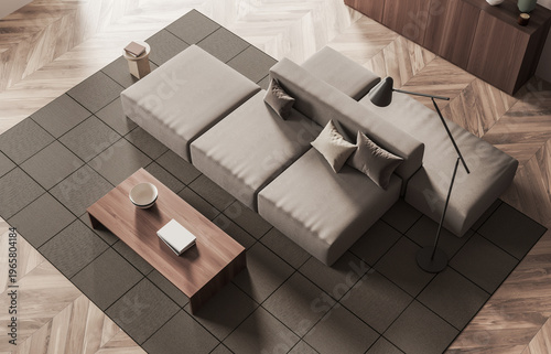 Slika na platnu Top view interior design scene with modular sofa, wood table and floor lamp on n