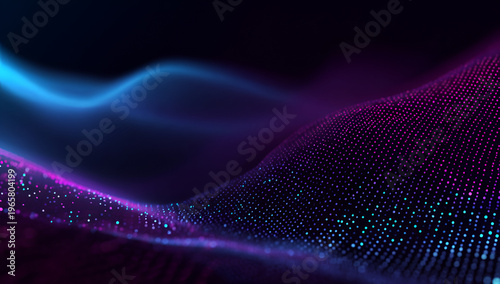 A vibrant, abstract digital art piece showcasing undulating wave forms, composed of countless, glowing, colorful particles